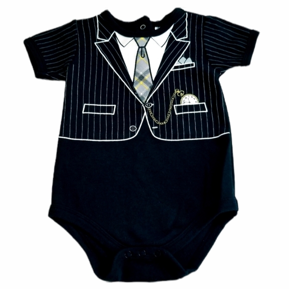 3/$25 Baby Essentials Boy's Suit/Neck Tie Print Onesie Bodysuit Size 9 Months - Picture 1 of 9